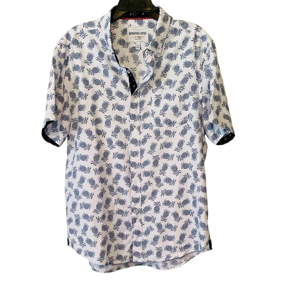 International Report Men's XL Short Sleeve Button-Up Pineapple White/Blue Shirt